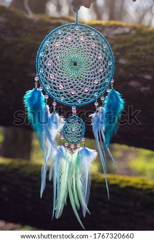 Dream catcher with feathers threads and beads rope hanging. Dreamcatcher handmade