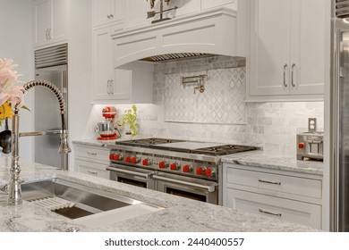 Dream Chef Kitchen with Farmhouse Décor, Large Stove Top, Pot Filler and Stainless Steel Appliances - Powered by Shutterstock