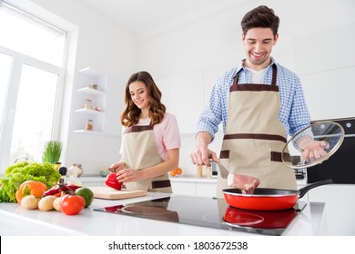 Dream Harmony Family Day Concept. Two People Couple Enjoy Weekend Hobby Cooking Man Frying Pan Raw Beef Meat Girl Cut Chopping Board Pepper Prepare Recipe Meal In Kitchen House Indoors