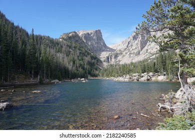 Dream Lake Looks Georogous And Surronded By Pine Trees, The Clear Lake Water Very Suitable To Visit And Camp During The Fall Season For Outdoor Activity In National Park, Rocky Mountain National Park,