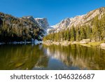 Dream Lake and reflection with mountains in snow around at autumn. Rocky Mountain National Park in Colorado, USA. 