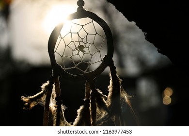 A Dream Like Silhouette Image Of A Handmade Dream Catcher At Sunset. 