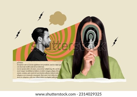 Dream magazine literacy template collage of freak woman with recursive face spying suspect guilt man thinking