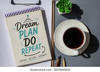 Dream Plan Do Repeat Motivation Quote on Notebook with Coffee and Modern Workspace