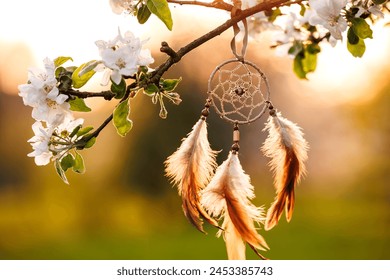 Dreamcatcher hanging on blooming tree in wind at springtime. Spirituality and ritual ornament for good dreaming - Powered by Shutterstock