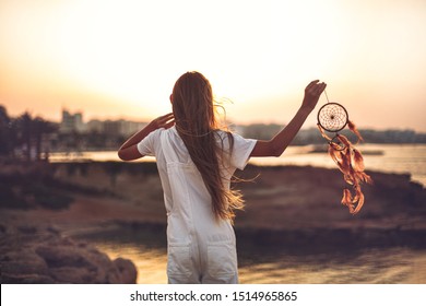 Dreamcatcher sunset , girl,the mountains, boho chic, ethnic amulet,symbol.