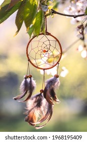 Dreamcatcher In Wind. Spirituality Amulet And Good Dreaming Symbol Of Indigenous Culture