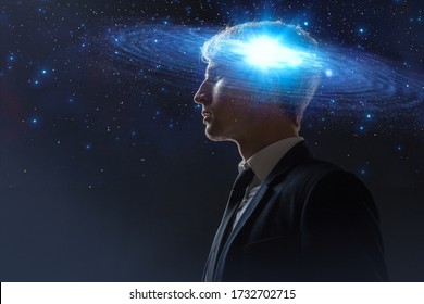 Dreamer, creative mind concept. A man with a galaxy in his head, complex human consciousness and psychology, inner space - Shutterstock ID 1732702715