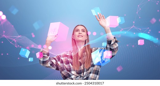 Dreaming businesswoman portrait, hands touching cyber blocks. Double exposure with digital spheres floating in metaverse. Concept of futuristic technology, virtual reality and metaverse - Powered by Shutterstock - Get 15% off with code: PIKWIZARD15