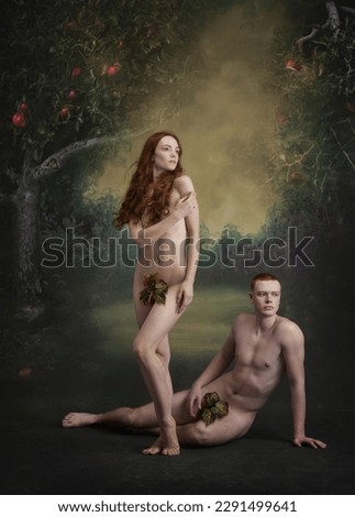 Dreaming couple. Cinematic portrait, replica of picture Adam and Eve standing and looking away with pensive facial expression on vintage background. Art, creativity, beauty, eras comparison concept