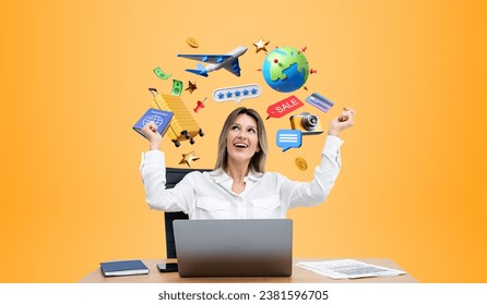 Dreaming and happy businesswoman looking up at diverse holiday icons, raised hands and office workplace with laptop. Concept of planning a vacation, work and travel - Powered by Shutterstock