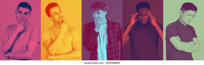 Dreaming, Thinking. Collage Of Young Multiethnic Men With Bright Facial Expression On Multicolored Background. Trendy, Modern Duotone Effect. Copyspace For Ad. People In Halftones.