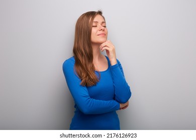 Dreaming Thinking Woman With Closed Eyes. Isolated Female Portrait.