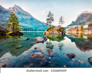 Dreamy autumn scene of Hintersee lake. Romantic morning view of Bavarian Alps on the Austrian border, Germany, Europe. Beauty of nature concept background. Orton Effect. - Shutterstock ID 1256605459