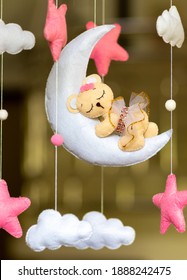 Dreamy Baby Crib Mobile Close Up, Hangs Over The Baby Bed, Cute Bear Sleeping On The Moon, Stuffed Fluffy Felt Handmade Cot Toy For Newborn Babies.