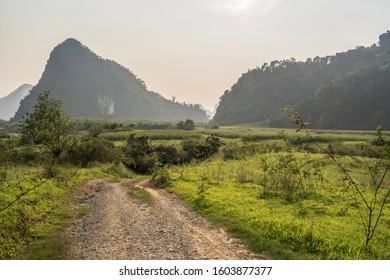 Dreamy Landscape With Bright Green Grass And Hilly Silouette In The Background.