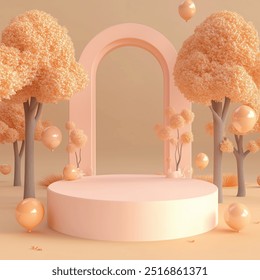 Dreamy Pastel Podium: A whimsical 3D render of a double-tiered pink podium nestled amidst fluffy trees, balloons, and a playful archway, ideal for showcasing products or concepts with a touch of magic - Powered by Shutterstock