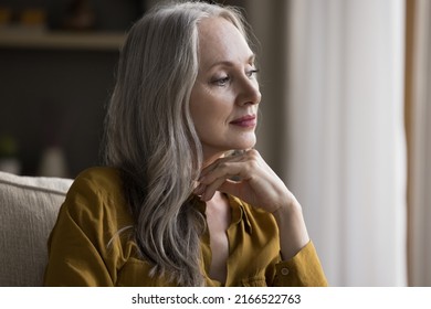 Dreamy peaceful aged female rest sit on sofa looks aside feel carefree spend leisure alone at home, deep in pleasant memories and thoughts. Contemplation, relax, older beautiful woman portrait concept