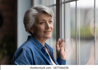 Dreamy smiling elderly 60s hoary woman looking in distance out of window, recollecting good memories or visualizing future at home, planning vacation or enjoying peaceful mindful day alone indoors.