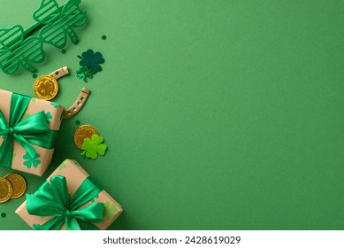 Dreamy St. Patrick's setup viewed from top, with shamrocks, mythical cap, fortune's coins, gift packages, carnival eye wear, good-fortune horseshoe, and sparkles, on a green backdrop, space for text - Powered by Shutterstock