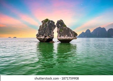 Dreamy sunset among the rocks of Halong Bay, Vietnam, This is the UNESCO World Heritage Site, it is a beautiful natural wonder in northern Vietnam