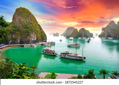 Dreamy sunset landscape Halong Bay, Vietnam view from adove. This is the UNESCO World Heritage Site, a beautiful natural wonder in northern Vietnam - Shutterstock ID 1872545227