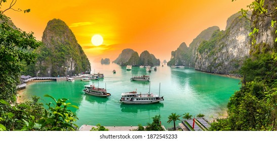 Dreamy sunset landscape Halong Bay, Vietnam view from adove. This is the UNESCO World Heritage Site, a beautiful natural wonder in northern Vietnam - Shutterstock ID 1872545233