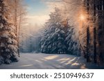 Dreamy Winter Landscape, snow and sun, surrounded by trees. Lapland, Christmas.