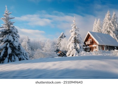 Dreamy Winter Landscape, snow and sun, surrounded by trees. Lapland, Christmas. - Powered by Shutterstock