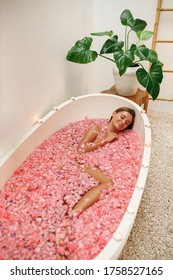 Dreamy Woman Lying With Eyes Closed In Bath Full Of Pink Roses. Overhead Shot Of Romantic Lady With Tanned Skin Chilling During Spa Aromatherapy