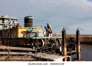 Dredger Vessel By The Shore. Shlisselburg, Russia October 11, 2021