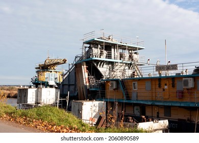 Dredger Vessel By The Shore. Shlisselburg, Russia October 11, 2021