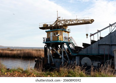 Dredger Vessel By The Shore. Shlisselburg, Russia October 11, 2021