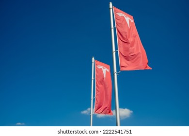 DRESDEN, DEUTSCHLAND - 15. May 2022: Tesla Inc. Logo On Red Flags Fluttering In The Wind. Advertisement Of A Car Dealer. The American Car Company Is A Manufacturer Of Electric Vehicles.