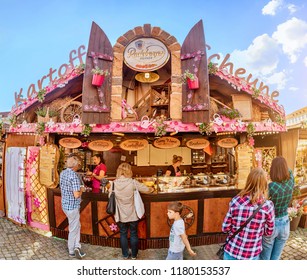 DRESDEN, GERMANY - 20 MAY 2018: People Visit Spring Fair Festival Market In Dresden, Eating Delicious Food And Drinking Beer