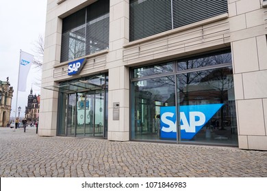 DRESDEN, GERMANY - APRIL 1 2018: SAP Multinational Software Corporation Logo On Headquarters Building On April 1, 2018 In Dresden, Germany.