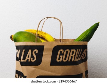 DRESDEN, GERMANY - Aug 21, 2022: The Gorillas Food Delivery Service With A Full Bag Of Fresh Groceries