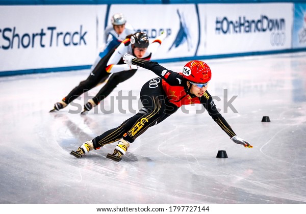 Dresden,\
Germany, February 01, 2019: Chinese speed skater Yang Song competes\
during the ISU Short Track Speed Skating World Championship at the\
EnergieVerbund Arena in Dresden,\
Germany.
