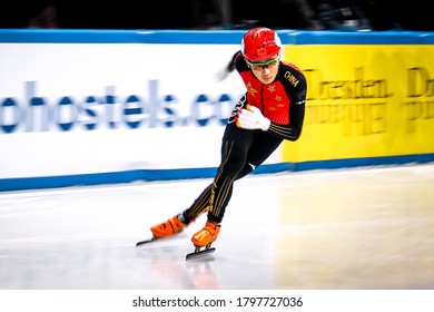 Dresden, Germany, February 03, 2019: Ziwei Ren Of China Competes During The ISU Short Track Speed Skating World Championship In Germany.