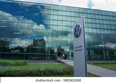 Dresden, Germany - July 12 2020: The Transparent Factory in Dresden. The "Gläserne Manufaktur" is a car factory producing the electric version of the VW Golf.