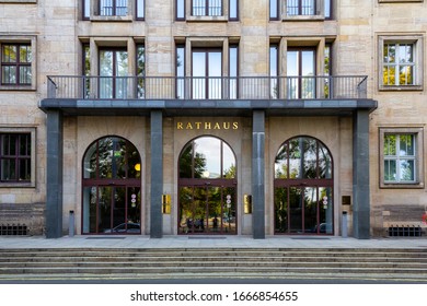 Dresden, Germany - July 29, 2018: The Entrance To The City Hall (Rathaus) Is Empty On A Warm Sunday Evening.