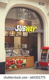 DRESDEN, GERMANY - JUNE 10, 2017: Subway Store Exterior, Is A Privately Held American Fast Food Restaurant Franchise That Primarily Sells Submarine Sandwiches (subs) And Salads. Vintage Style.