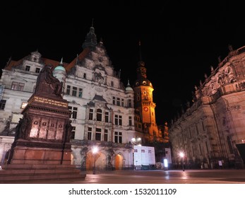 Dresden, Germany / June 17, 2019 : A Night View Of Palace Square(Schloßplatz). Inscription : A Man Who Fears Eternity The Great Desire Is The Lord's Command. Color Temperature : 4000K