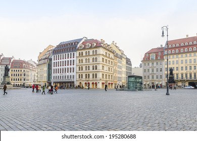 DRESDEN, GERMANY - MARCH 6, 2014: People Walk On Neumarkt Square. Neumarkt Square Is A Central And Culturally Significant Section Of The Dresden Inner City.