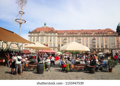 DRESDEN, GERMANY - MAY 10, 2018: People Visit Fruhjahrsmarkt (Spring Market) In Dresden. Spring Markets Are Popular In Germany, Selling Local Food, Flowers And Produce.