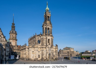 Dresden, Germany, May 2022 Dresden, The Schloßplatz With The Castle, Hofkirche And Semperoper In Morning Sunlight, A Tram Drives By