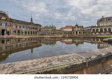 Dresden - Panorama-View To China Pavilion At Zwinger Palace, Reflected In The Fountain Pool, Saxony, Germany, Dresden, 01.10.2018