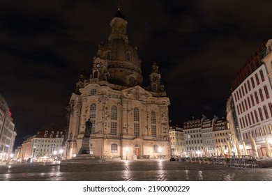 Dresden, Saxon, Germany, July 10, 2022 Historic Old Church Of Our Lady In The City Center At Night