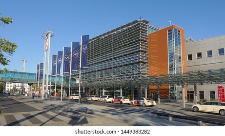 Dresden, Saxony / Germany - July 10, 2019: Exterior Of The Dresden Airport With A Line Of Taxis Waiting At The Curb