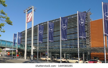 Dresden, Saxony / Germany - July 10, 2019: Exterior Of The Dresden Airport With A Line Of Taxis Waiting At The Curb